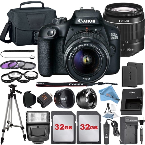 Canon EOS 2000D / Rebel T7 Digital SLR Camera 24.1MP with 18-55mm Zoom Lens + ZeeTech Accessory Bundle, 2 Pack 32GB Memory Card, Wideangle Lenses, Tripod (International Model)