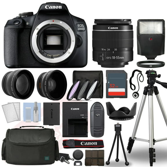 Canon EOS 2000D / Rebel T7 Digital SLR Camera + 3 Lens Kit 18-55mm + 32GB SD + Flash & More Each