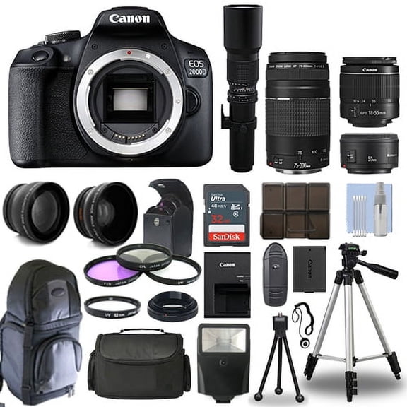 Canon EOS 2000D / T7 DSLR + 6 Lens 18-55mm, 75-300mm, 50mm, 500mm+ 32GB PRO KIT! - International Version