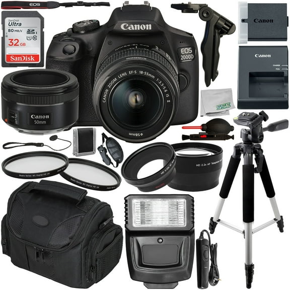 Canon EOS 2000D (T7) DSLR Camera with 18-55mm IS II & 50mm f/1.8 STM Lens & Essential Accessory Bundle  Includes: SanDisk Ultra 32GB SDHC Memory Card + Wide Angle & Telephoto Lens Attachments + MORE
