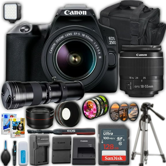 Canon EOS 250D DSLR Camera With Canon EF-S 18-55mm F/3.5-5.6 DC III Zoom Lens + 420-800mm Super Telephoto Lens + SanDisk 128 GB Memory Card + Camera Case + More
