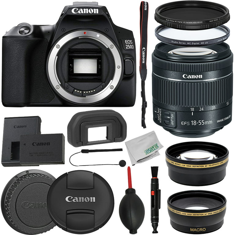 Canon EOS 250D, Appareil Photo Reflex 24,1 MP (4K WiFi Bluetooth + Objectif  EF-s 15-55 mm + Sac + SD 16 Go), Taille Unique, Noir