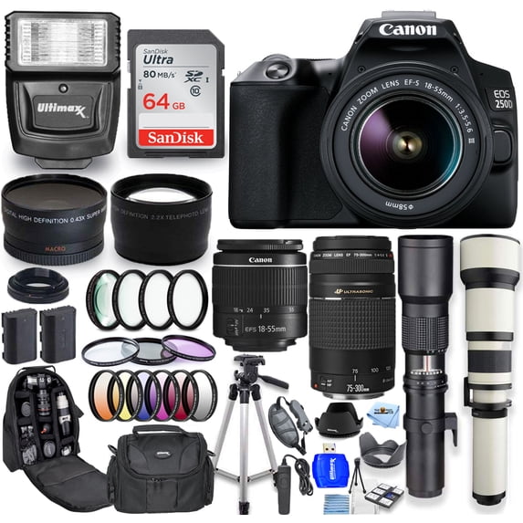 Canon EOS 250D/Rebel SL3 18-55mm + 75-300mm + 500mm + 650-1300mm + 64GB SD - Top Value Bundle