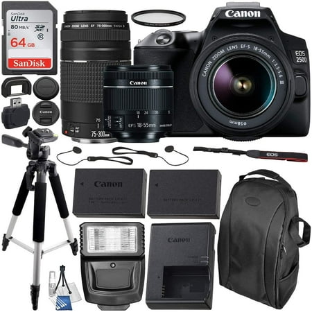 Canon EOS 250D (Rebel SL3) DSLR Camera with 18-55mm & 75-300mm Canon Lenses & Essential Accessory Bundle – Includes: SanDisk Ultra 64GB SDXC Memory Card, Extended Life Spare Battery & More