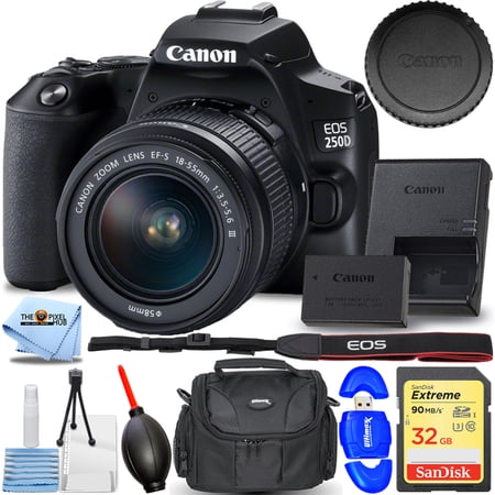 Canon EOS 250D / Rebel SL3 DSLR Camera with 18-55mm (Black) - Essential Bundle Includes: Sandisk Extreme 32GB SD, Memory Card Reader, Gadget Bag, Blower, Microfiber Cloth and Cleaning Kit