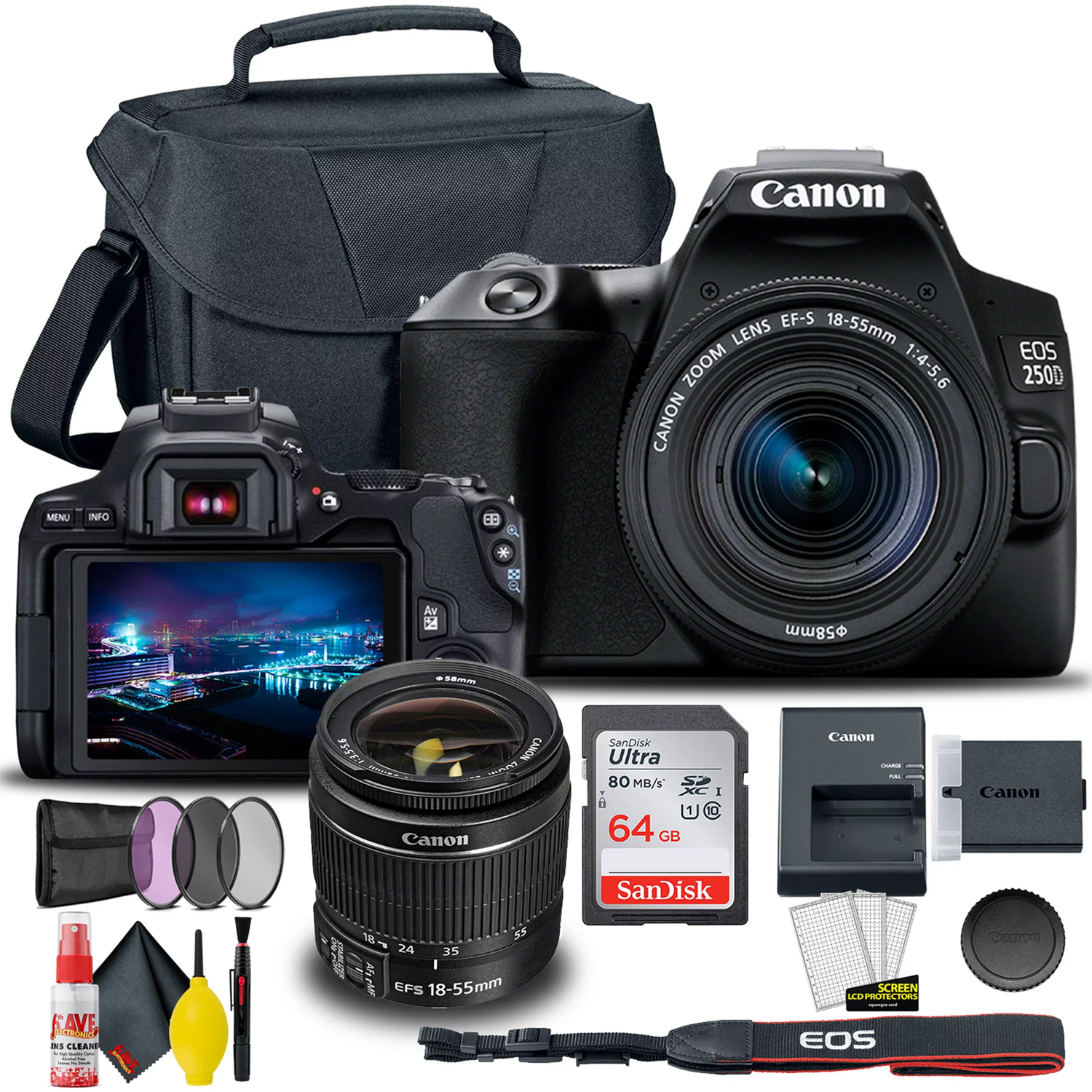 Canon EOS 250D / Rebel SL3 DSLR Camera with 18-55mm Lens (Black) + Creative Filter Set, EOS Camera Bag +  Sandisk Ultra 64GB Card + Electronics Cleaning Set, And More (International Model) - image 1 of 7