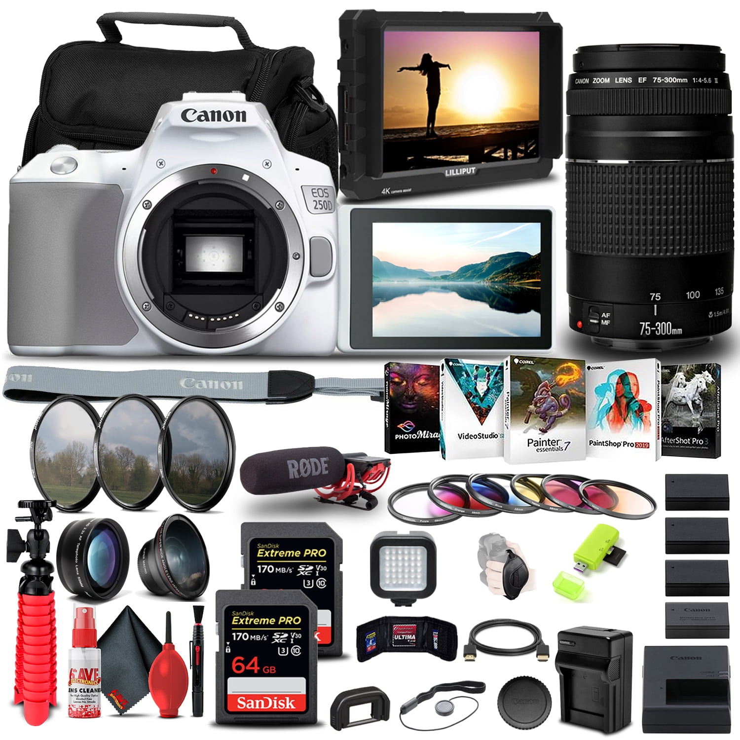 Canon EOS 250D  Rebel SL3 DSLR Camera Body Only  White Canon EF 75-300mm F4-5.6 III Lens 6473A003  4K Monitor  Pro Mic  2 x 64GB Memory Card  Color Filter Kit  More