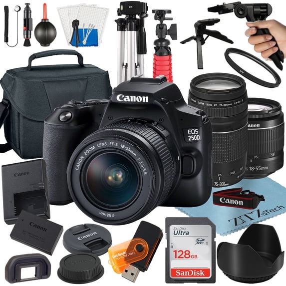 Canon EOS 250D / Rebel SL3 DSLR Camera Bundle with 18-55mm + 75-300mm Lens + 128GB Card + Case + Tripod + ZeeTech Accessory (International Version)