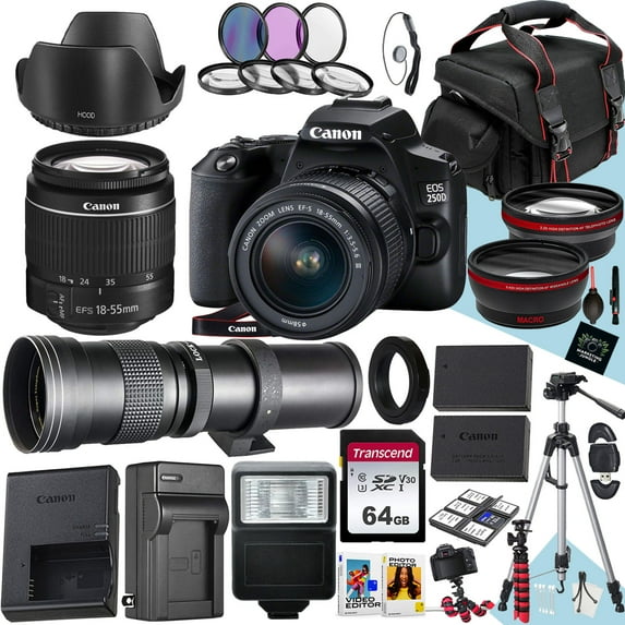 Canon EOS 250D / Rebel SL3 DSLR Camera With EF-S 18-55mm f/3.5-5.6 III DC And 420-800mm f/8.3 HD Telephoto Zoom Lens + 64 GB Memory + Filters + Tripod + More (36pc Bundle) (International Version)