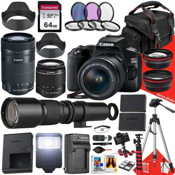 Canon EOS 250D / Rebel SL3 DSLR Camera With EF-S 18-55mm f/3.5-5.6 III DC, EF-S 55-250mm f/4-5.6 IS STM And 500mm f/8.0 Preset Telephoto Lens + 64 GB Memory + Filters + More (40pc Bundle)