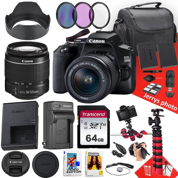 Canon EOS 250D / Rebel SL3 DSLR Camera With EF-S 18-55mm f/3.5-5.6 III DC Lens + 64 GB Memory + Hood + Extra Battery + Battery Charger + Filters + More (27pc Bundle) (International Version)