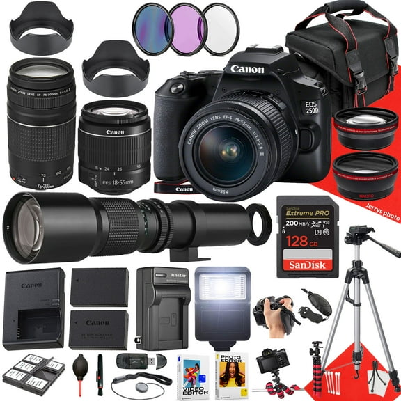 Canon EOS 250D / Rebel SL3 DSLR Camera With EF-S 18-55mm f/3.5-5.6 III DC, EF 75-300mm f/4-5.6 III And 500mm f/8.0 Preset Telephoto Lens + 128 GB Memory + Filters + More (37pc Bundle)