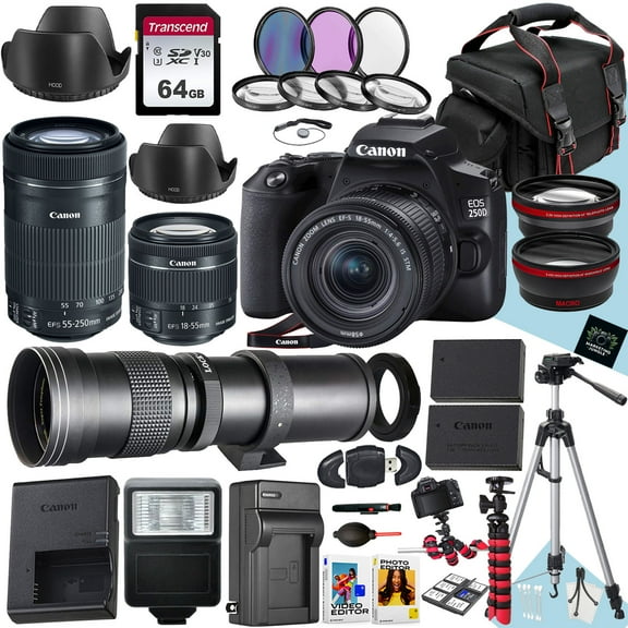 Canon EOS 250D / Rebel SL3 DSLR Camera With EF-S 18-55mm f/4-5.6 IS STM, EF-S 55-250mm f/4-5.6 IS STM And 420-800mm Lens + 64 GB Memory + Filters + More (40pc Bundle)
