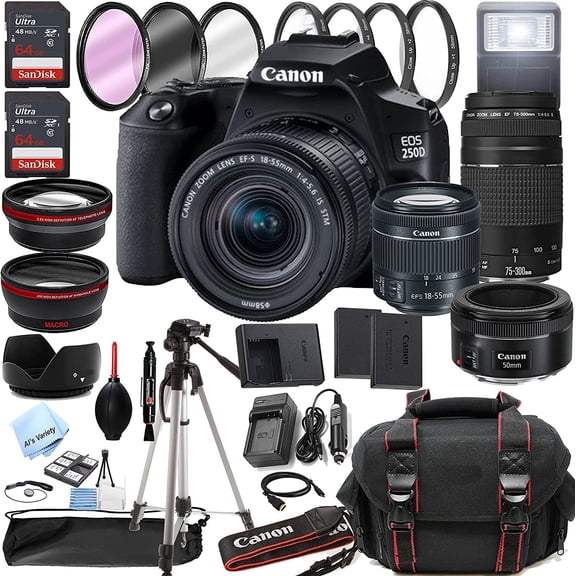 Canon EOS 250D Rebel SL3 DSLR Camera w/EF-S 18-55mm F/4-5.6 is STM Zoom Lens + 75-300mm F/4-5.6 III Lens + EF 50mm f/1.8 STM Lens + 128GB Memory + Case + Tr (International Version)