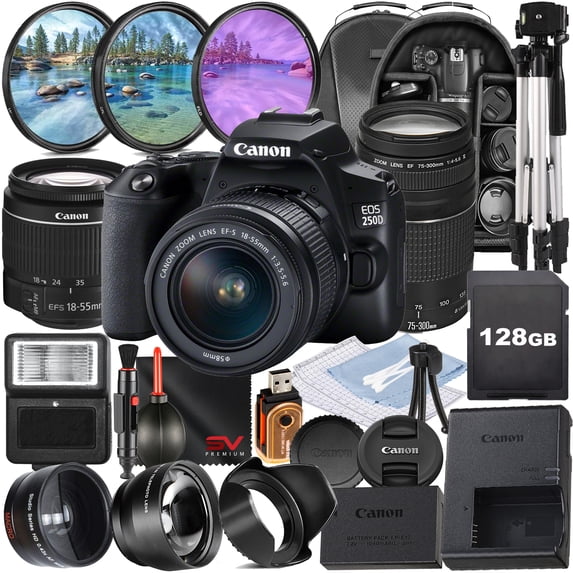 Canon EOS 250D / Rebel SL3 DSLR Camera with 18-55mm + 75-300mm Zoom Lens + SanDisk 128GB Memory + Tripod + Backpack + SV Premium Accessory Bundle (International Version)