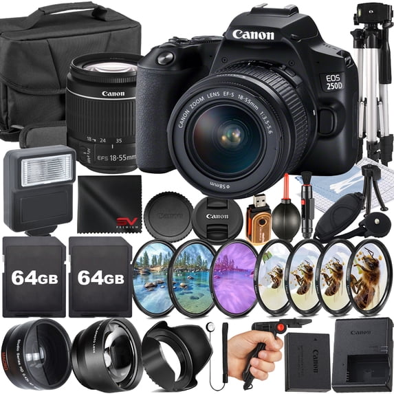 Canon EOS 250D / Rebel SL3 DSLR Camera with 18-55mm Lens + 2 Pack SanDisk 64GB Memory Card + Case + Tripod + Telephoto + SV Premium Accessory Bundle