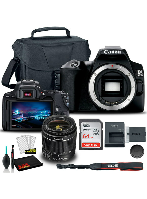 Canon EOS 250D/ Rebel SL3 DSLR Camera with 18-55mm Lens (Black) (3453C002) +  EOS Bag +  Sandisk Ultra 64GB Card + Cleaning Set And More