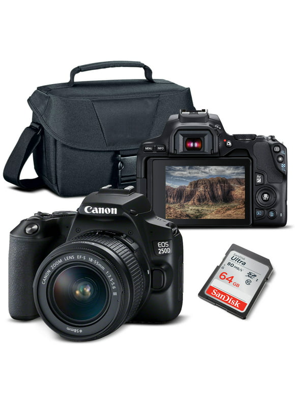 Canon EOS 250D / Rebel SL3 DSLR Camera with 18-55mm Lens (Black) + Bag + 64GB Card And More