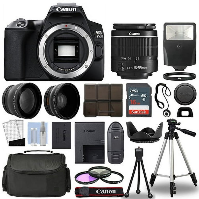 Canon EOS 250D / Rebel SL3 SLR Camera + 3 Lens Kit 18-55mm + 16GB + Flash &  More