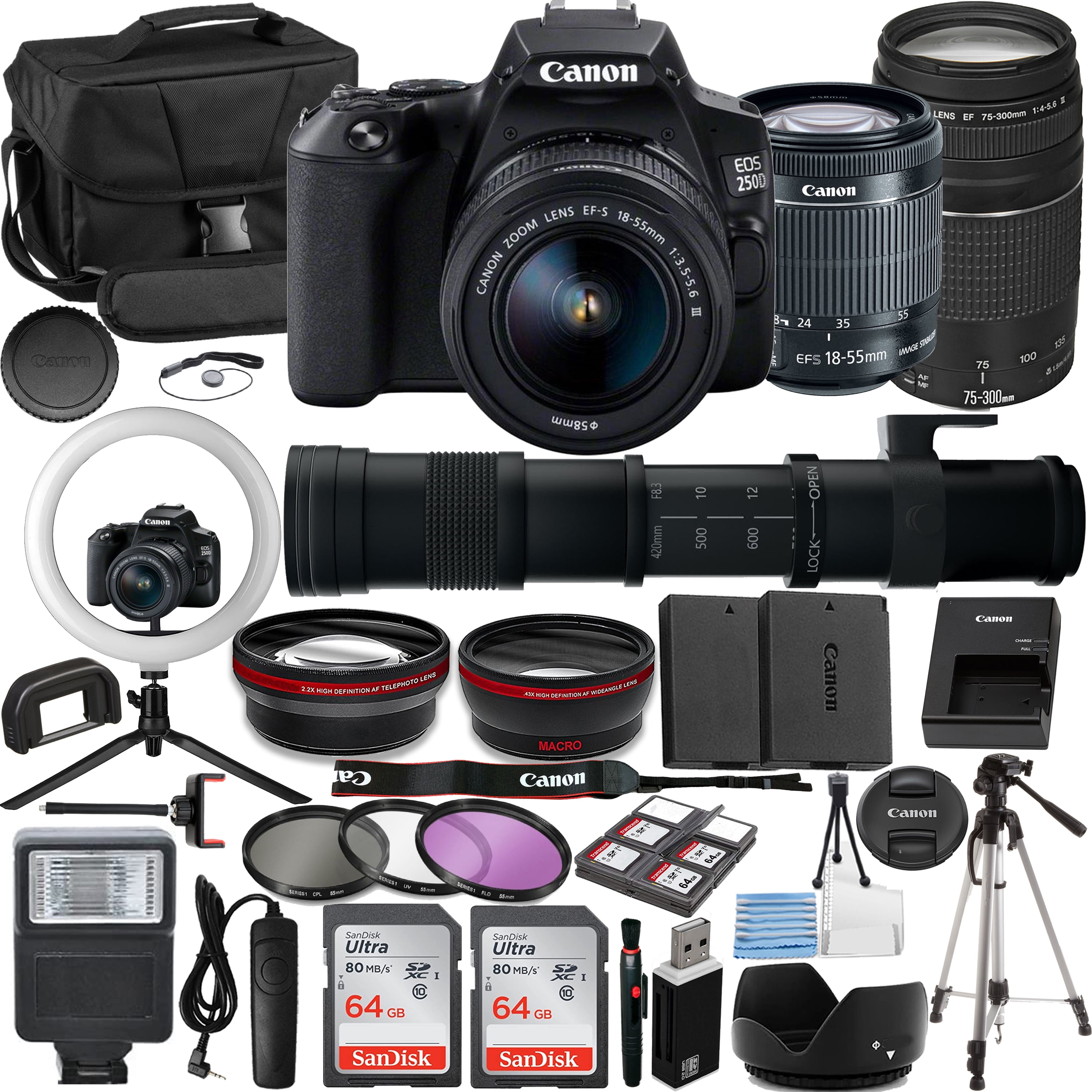 Canon EOS 250D Vlogger Kit:EF-S 18-55mm, EF 75-300mm & 420