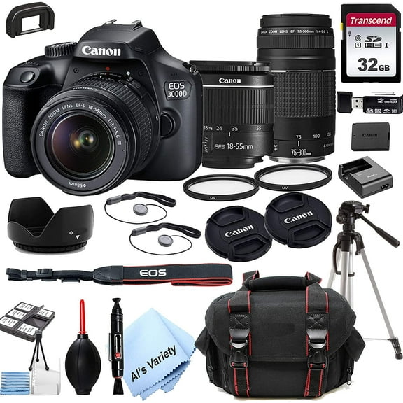 Canon EOS 3000D Rebel T100 DSLR Camera with 18-55mm f/3.5-5.6 Zoom Lens + 75-300mm F/4-5.6 III Lens + 32GB Card, Tripod, Case, and More 24pc Bundle