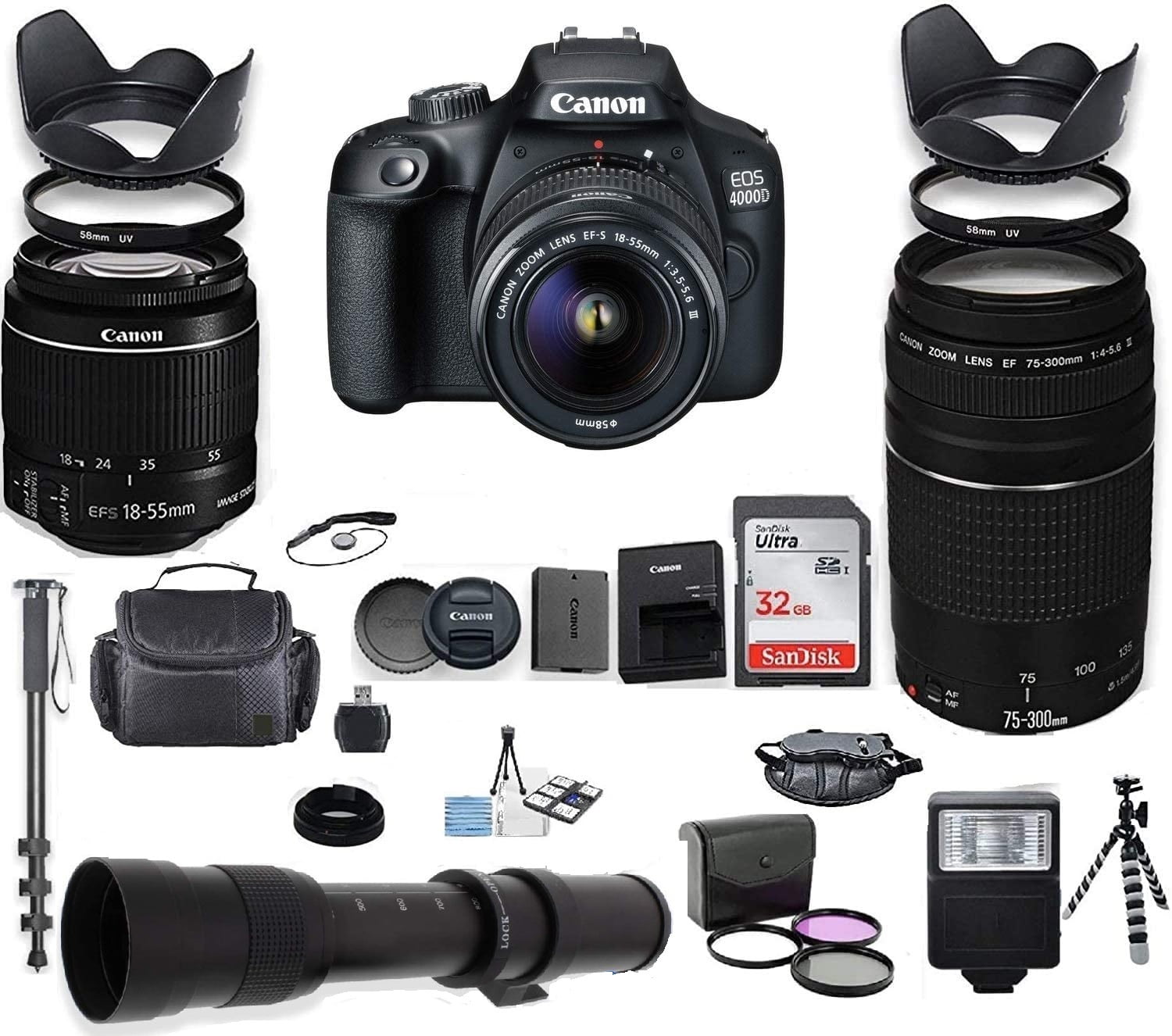 Canon EOS 4000D DSLR Camera with 1855mm is II Lens Bundle + Canon EF