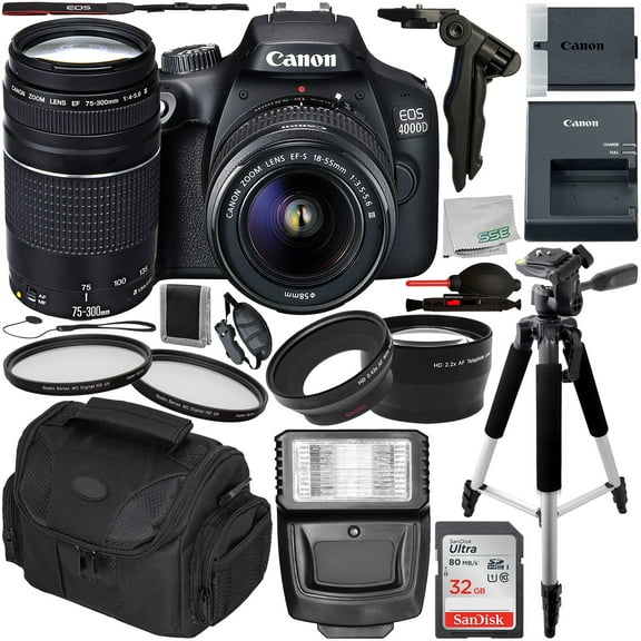 Canon EOS 4000D DSLR Camera with 18-55mm III & 75-300mm III Lens & Essential Accessory Bundle Includes: SanDisk Ultra 32GB SDHC Memory Card + Wide Angle & Telephoto Lens Attachment + MORE