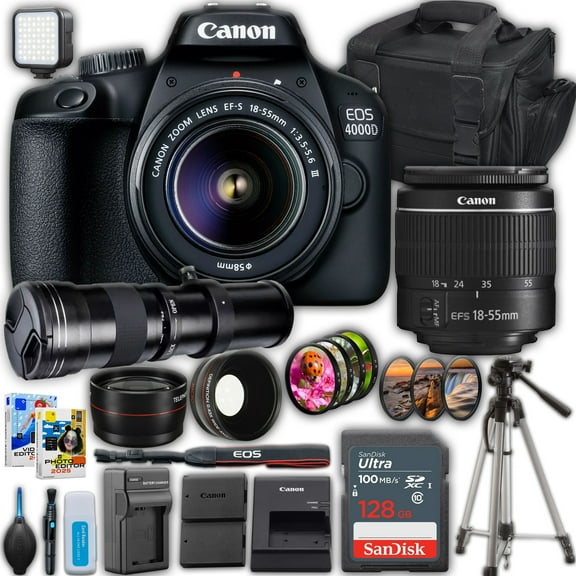 Canon EOS 4000D DSLR Camera With Canon EF-S 18-55mm F/3.5-5.6 DC III Zoom Lens + 420-800mm Super Telephoto Lens + SanDisk 128 GB Memory Card + Camera Case + More