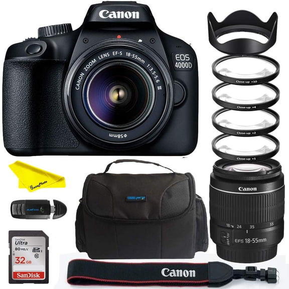 Canon EOS 4000D DSLR Camera EF-S 18-55 mm f/3.5-5.6 III Lens + Buzz-Photo Close up Lens Kit