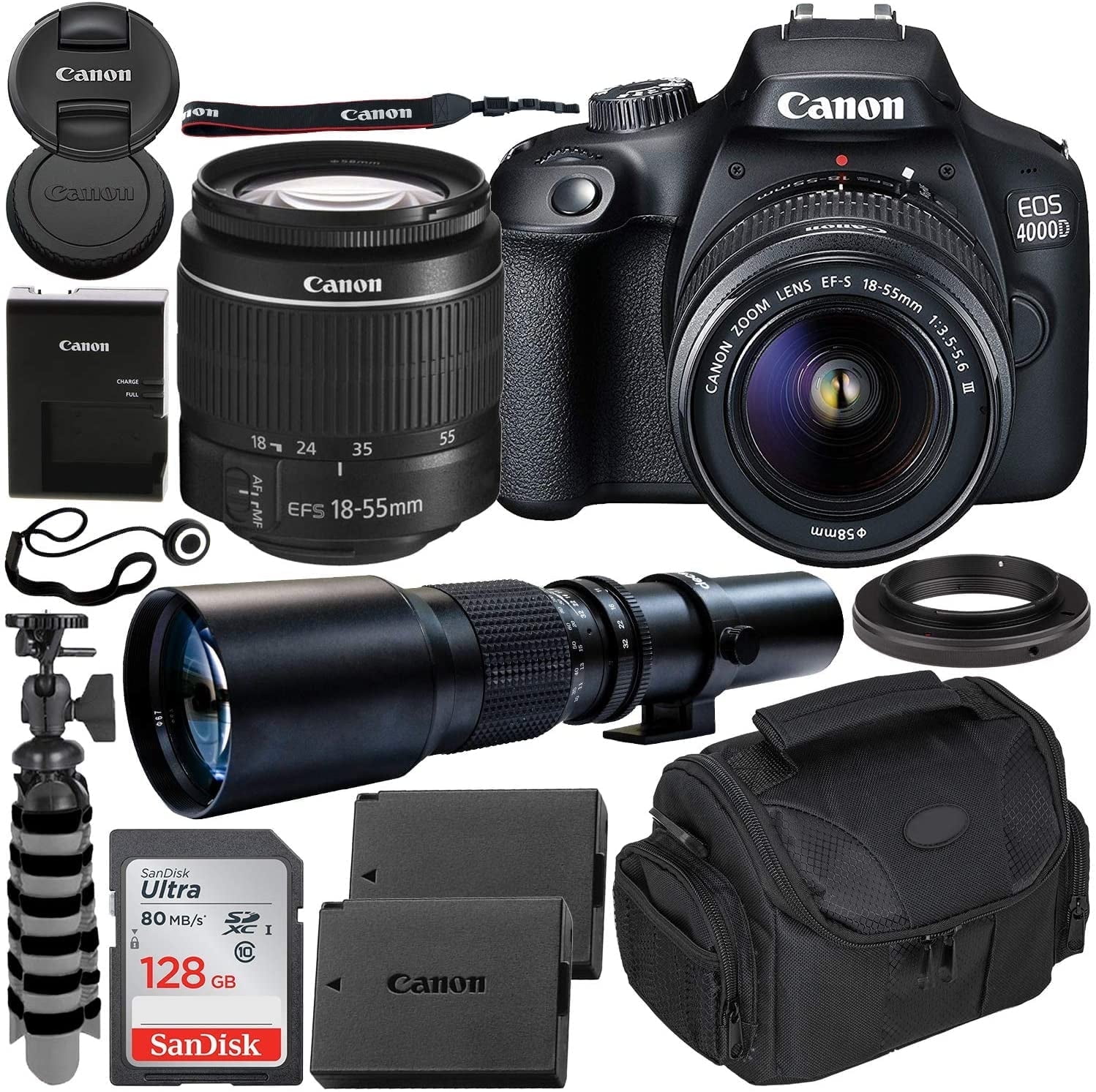 Canon EOS 4000D (Intl Model) DSLR Camera with EF-S 18-55mm f/3.5-5.6 III Lens & 500mm Preset Lens Beginners Bundle - Includes: SanDisk Ultra 128GB SDXC Memory Card & More
