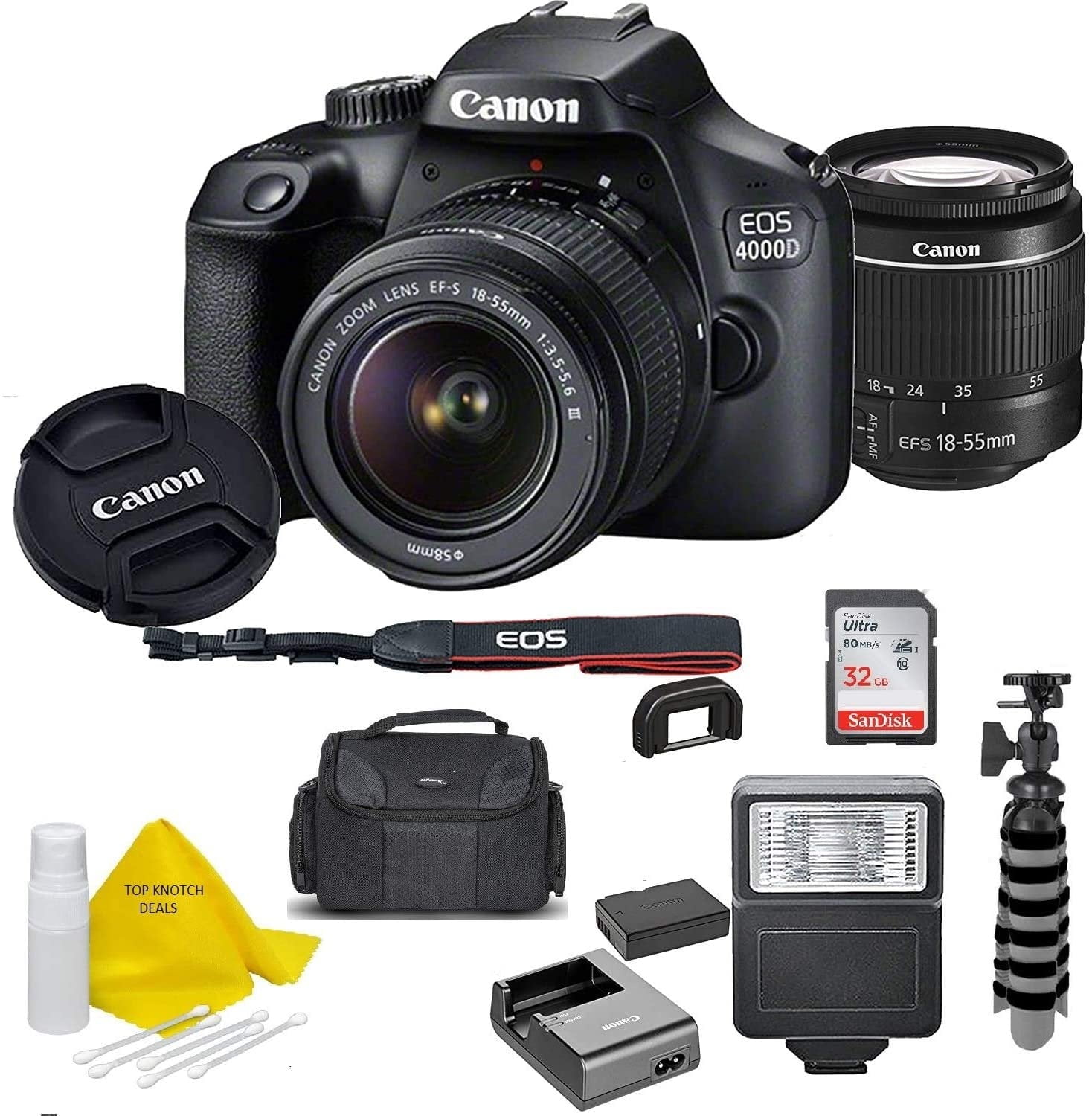 Canon EOS 4000D DSLR Camera w/Canon EF-S 18-55mm F/3.5-5.6 III Zoom Lens + Case + 32GB SD Card+ More+ TopKnotch Cloth (International Model)