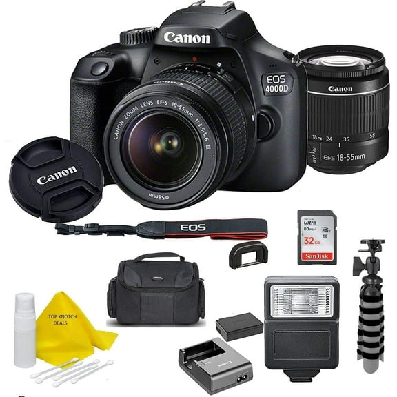 Canon EOS 4000D DSLR Camera w/Canon EF-S 18-55mm F/3.5-5.6 III Zoom Lens + Case + 32GB SD Card+ More+ TopKnotch Cloth (International Model)