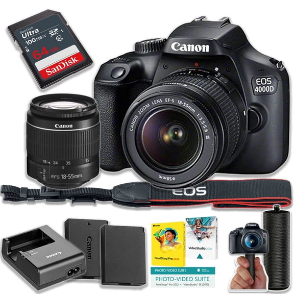 Canon EOS 4000D DSLR Camera w/EF-S 18-55mm DC III Lens + 64GB SanDisk Ultra Memory Card + Spare high Copacity Battery + Stabilizing Grip + More (Beginner Bundle) (International Version)
