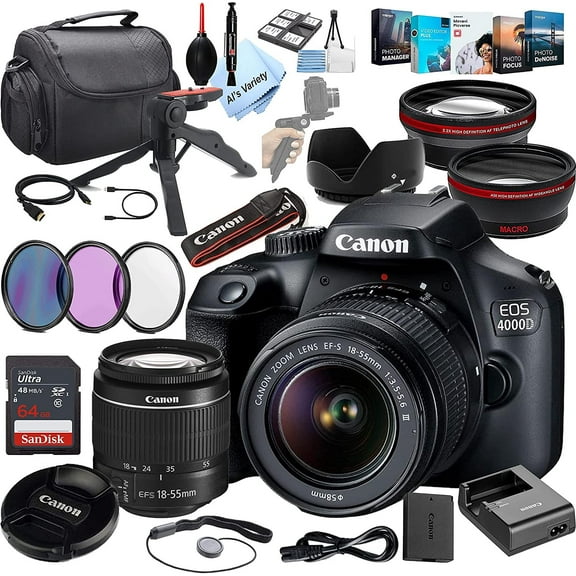 Canon EOS 4000D DSLR Camera with 18-55mm f/3.5-5.6 Zoom Lens + 64GB Card,Filters, Case, and More 32pc Bundle