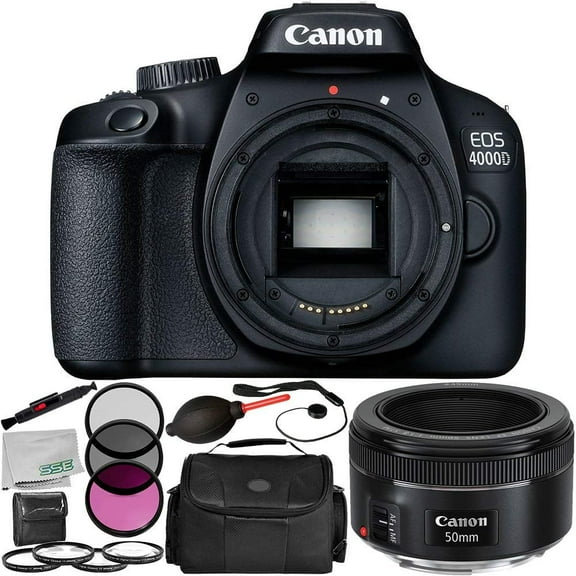 Canon EOS 4000D (Intl Model) Digital Camera with 50mm f/1.8 STM Lens 9PC Accessory Kit  Includes 3PC Filter Kit (UV + CPL + FLD) +  MORE