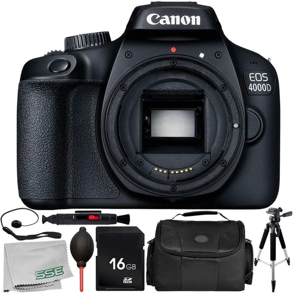 Canon EOS 4000D DSLR Camera Body Only with 8-Piece Accessory Bundle (International Model) – Includes 16GB Memory Card, Carrying Case, Lens Cleaning Pen, Dust Blower, and More