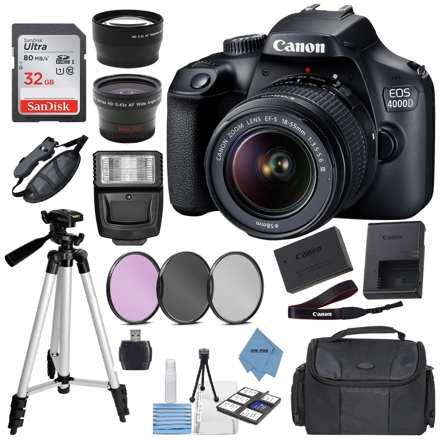 Canon EOS 4000D Digital SLR Camera w/ 18-55MM DC III Lens Kit (Black) with Accessory Bundle, Package Includes: SanDisk 32GB Card + DSLR Bag + 50’’ Tripod+ONESTOP Cloth (International Model)