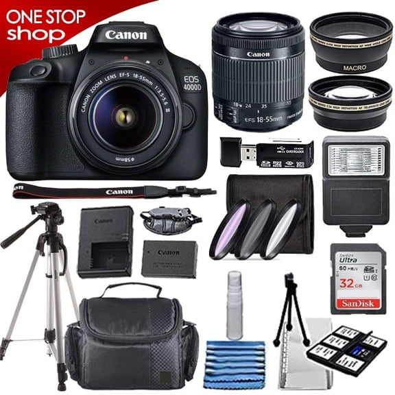 Canon EOS 4000D Digital SLR Camera w/ 18-55MM DC III Lens Kit (Black) with Accessory Bundle, Package Includes: SanDisk 32GB Card + DSLR Bag + 50 Tripod+ One Stop Shop Cleaning Cloth