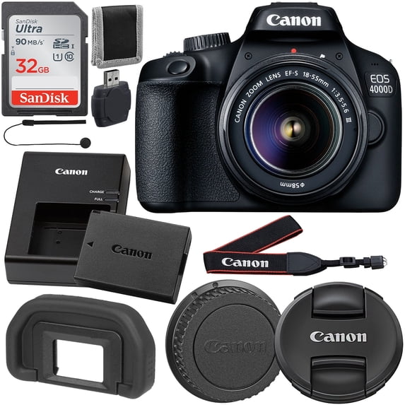 Canon EOS 4000D (International Model) DSLR Camera with EF-S 18-55mm f 3.5-5.6 III Lens & Starter Accessory Bundle – Includes SanDisk Ultra 32GB SDHC Memory Card, & More