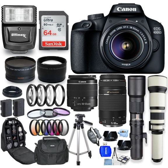 Canon EOS 4000D / Rebel T100 18-55mm + 75-300mm + 500mm + 650-1300mm - Top Value Bundle Includes: Extra Battery, Sandisk Ultra 64GB SD, Slave Flash, Filter Kits, Tripod, Backpack and More
