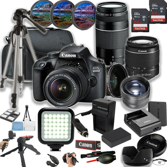 Canon EOS 4000D (Rebel T100) 18MP DSLR Camera + 18-55mm & 75-300mm Lenses+ LED Light + 128GB Memory + Lenses + Filters + Case + Tripod + Grips + Added Power, and More (28pc Bundle)