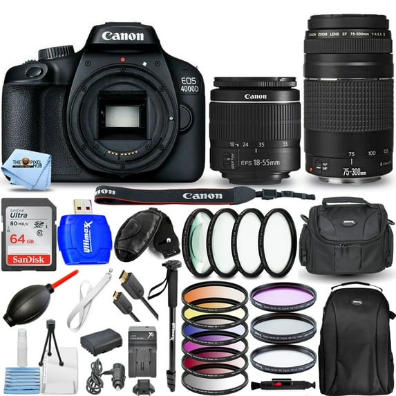 Canon EOS 4000D / Rebel T100 4 Lenses 18-55mm + 75-300mm - Top Value Bundle Includes: Extra Battery and Charger, Sandisk Ultra 64GB SD, 6PC Filter Kit, Monopod, Backpack, Gadget Bag and More