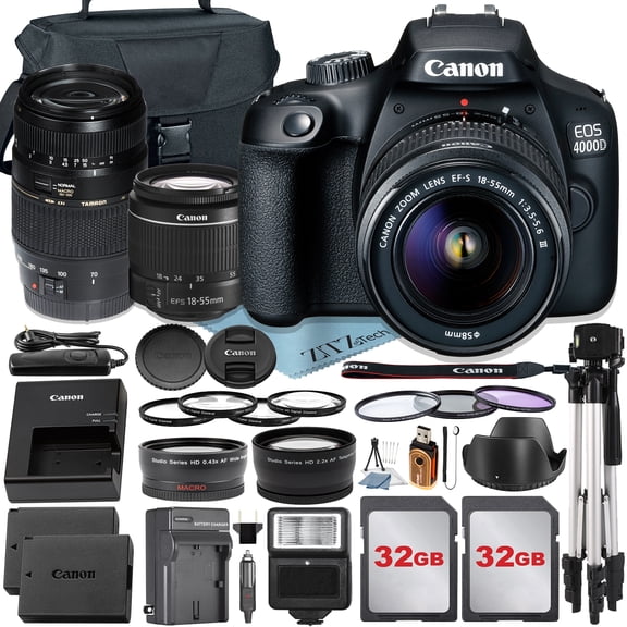 Canon EOS 4000D / Rebel T100 Camera W/18-55mm & 70-300mm Lens + 2 Pack 32GB Memory Cards + Tripod + ZeeTech Accessory Kit (International Model)
