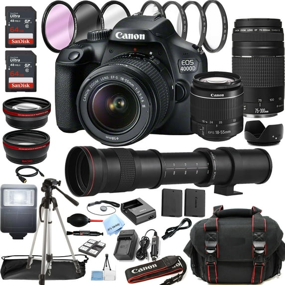 Canon EOS 4000D / Rebel T100 DSLR Camera with 18-55mm + 75-300mm + 420-800mm Super Telephoto Lens + Optics Filter Set, Camera Bag + Sandisk Ultra 128GB Memory + Al's Variety Cleaning Kit, And More