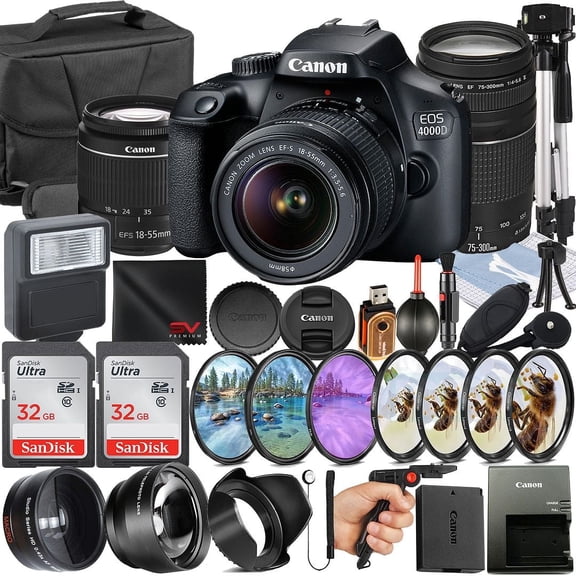 Canon EOS 4000D / Rebel T100 DSLR Camera with 18-55mm + 75-300mm Lens + 2 Pack 32GB Memory Card + Case + Tripod + Telephoto + SV Premium Accessory Bundle