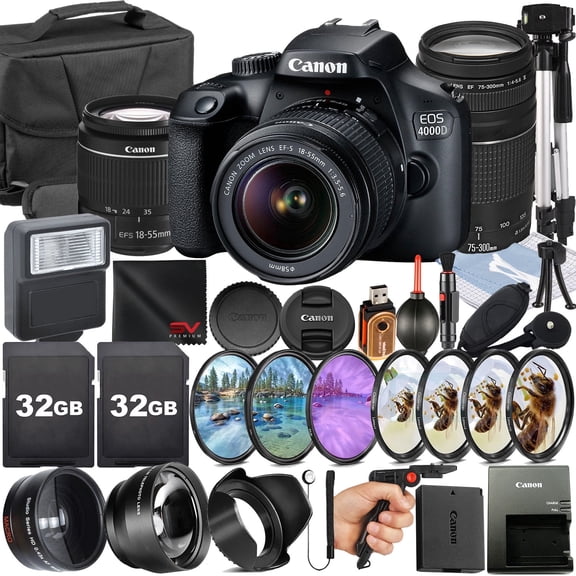 Canon EOS 4000D / Rebel T100 DSLR Camera with 18-55mm + 75-300mm Lens + 2 Pack 32GB Memory Card + Case + Tripod + Telephoto + SV Premium Accessory Bundle (International version)