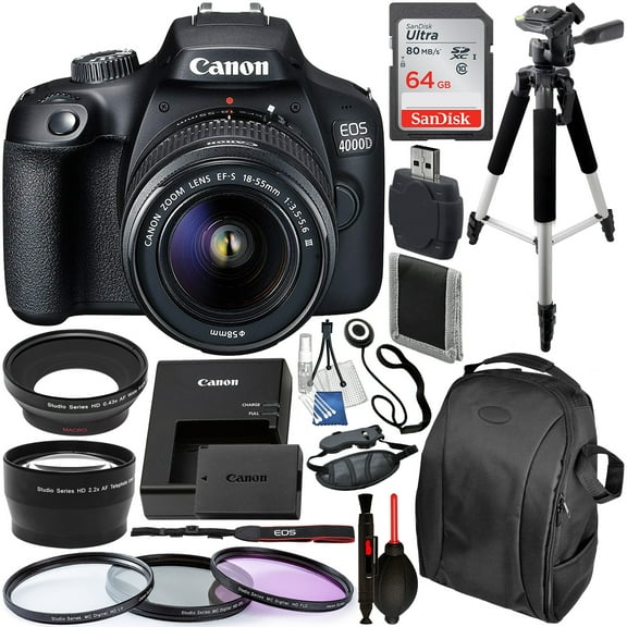 Canon EOS 4000D / Rebel T100 DSLR Camera with 18-55mm III Lens and Essential Accessory Bundle - Includes SanDisk Ultra 64GB SDXC Memory Card & 3PC Multi-Coated Filter Set & MORE