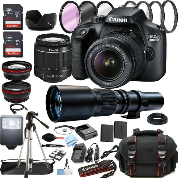 Canon EOS 4000D / Rebel T100 DSLR Camera with 18-55mm Lens+ 500mm Preset Lens + Optics Filter Set, Camera Bag + Sandisk Ultra 128GB Memory + Tripod + + Al's Variety Cleaning Kit, And More