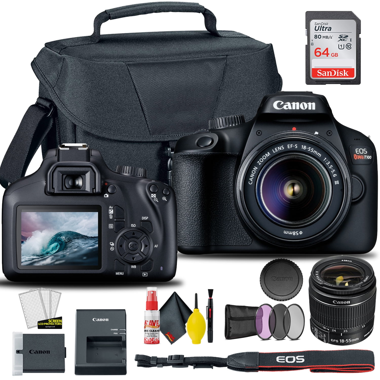  Canon EOS Rebel T100 DSLR Camera with EF-S 18-55mm f/3.5-5.6  III Lens, 18MP APS-C CMOS Sensor, Built-in Wi-Fi, Optical Viewfinder,  Impressive Images & Full HD Videos, Includes 32GB SD Card 