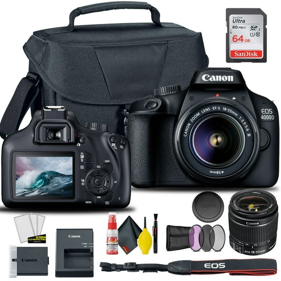 Canon EOS 4000D / Rebel T100 DSLR Camera with 18-55mm Lens + Creative Filter Set, EOS Camera Bag + Sandisk Ultra 64GB Card + 6AVE Electronics Cleaning Set, And More (International Model)